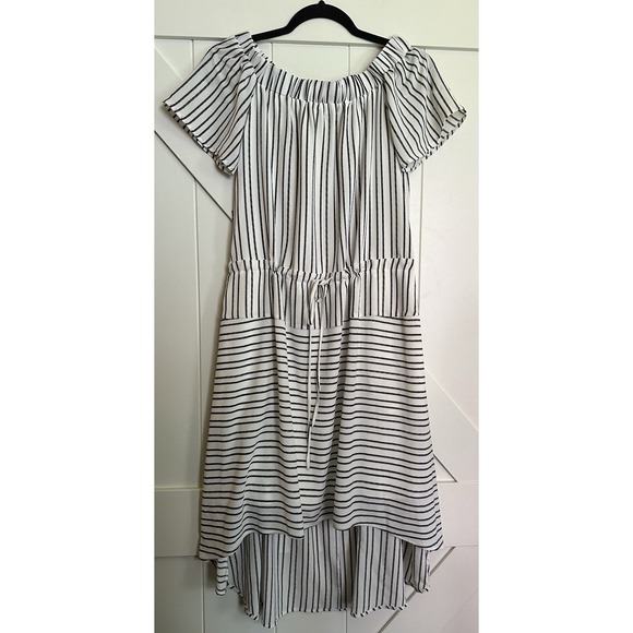 Halston Heritage Dresses & Skirts - Halston Vintage 1976 Black Striped Hi-Low Off Shoulder‎ Dress Pockets Size SP